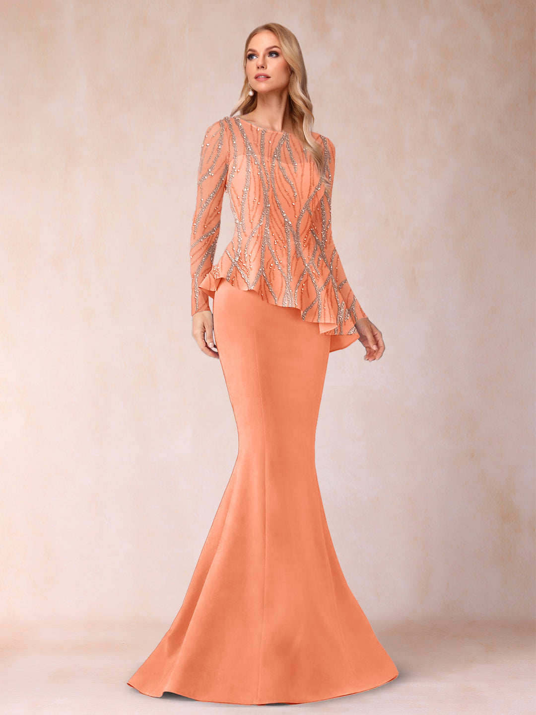 Sheath/Column Scoop Long Sleeves Floor-Length Mother of the Bride Dresses with Rhinestone