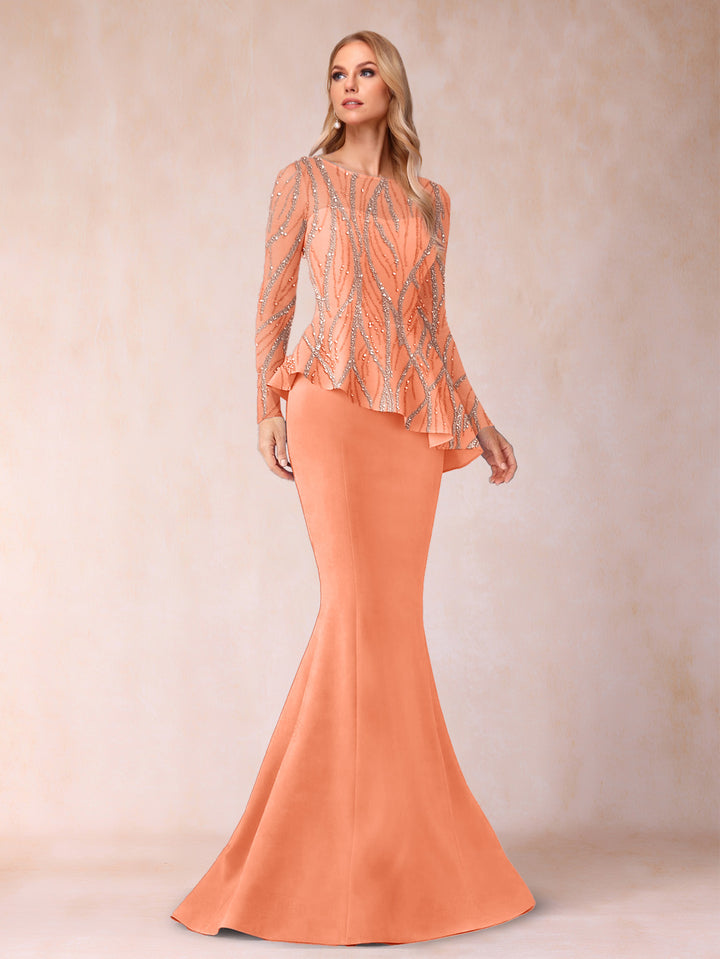 Sheath/Column Scoop Long Sleeves Floor-Length Mother of the Bride Dresses with Rhinestone