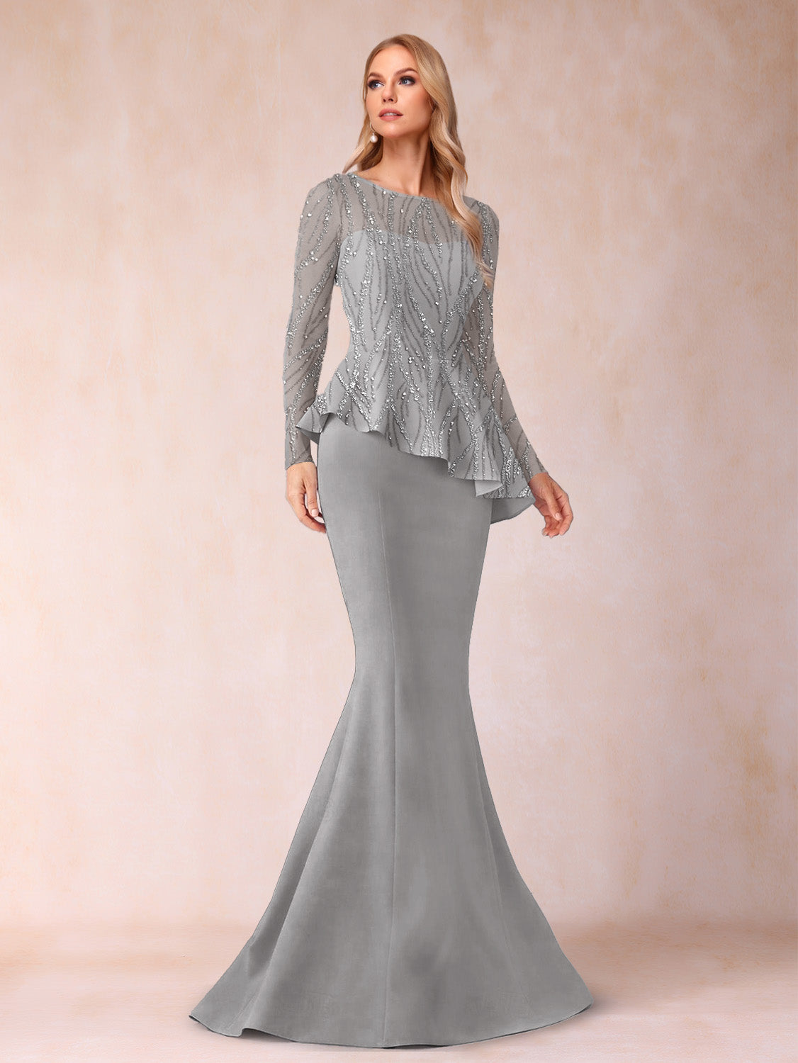 Sheath/Column Scoop Long Sleeves Floor-Length Mother of the Bride Dresses with Rhinestone