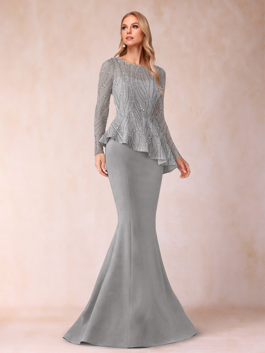 Sheath/Column Scoop Long Sleeves Floor-Length Mother of the Bride Dresses with Rhinestone