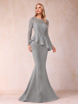 Sheath/Column Scoop Long Sleeves Floor-Length Mother of the Bride Dresses with Rhinestone