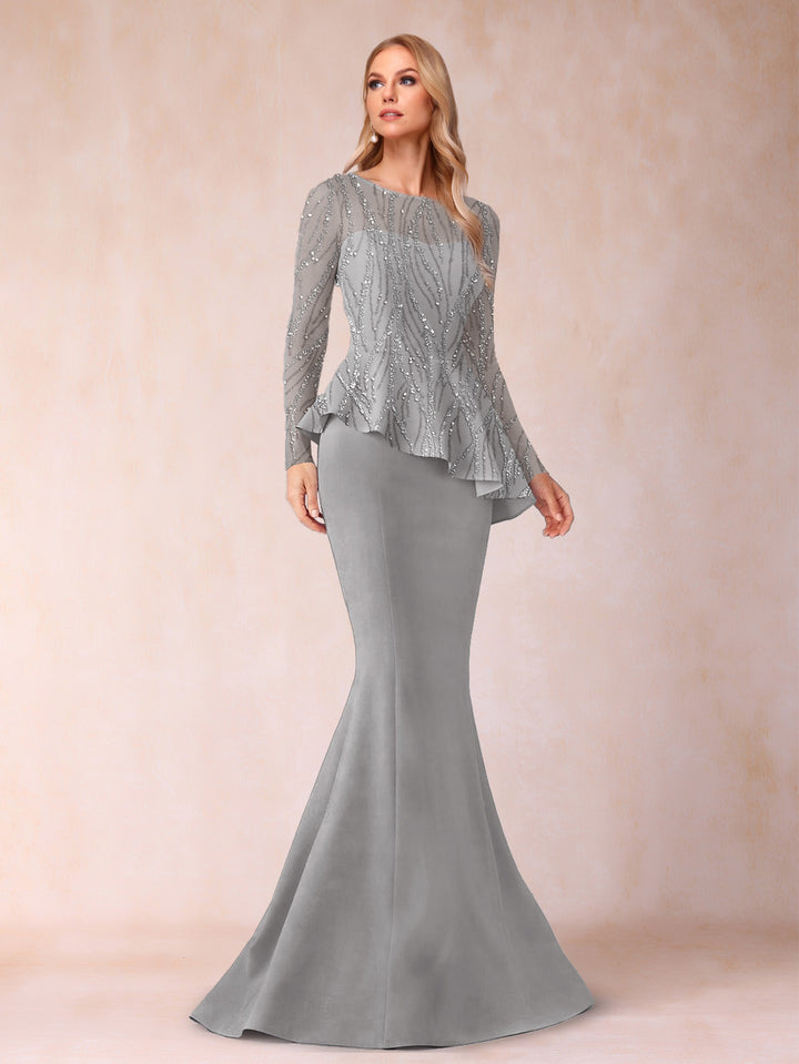 Sheath/Column Scoop Long Sleeves Floor-Length Mother of the Bride Dresses with Rhinestone