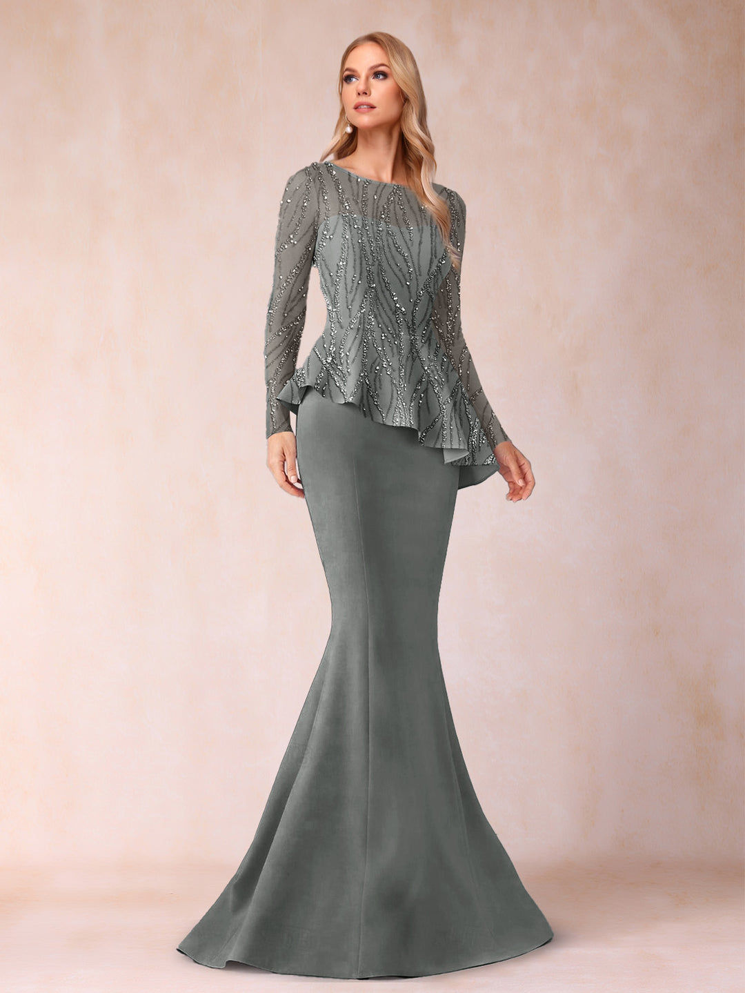 Sheath/Column Scoop Long Sleeves Floor-Length Mother of the Bride Dresses with Rhinestone