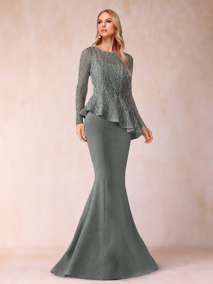 Sheath/Column Scoop Long Sleeves Floor-Length Mother of the Bride Dresses with Rhinestone