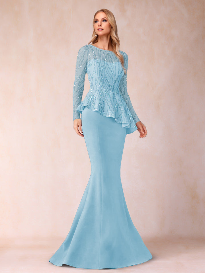 Sheath/Column Scoop Long Sleeves Floor-Length Mother of the Bride Dresses with Rhinestone