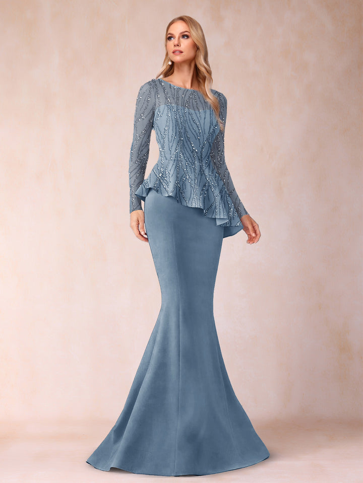 Sheath/Column Scoop Long Sleeves Floor-Length Mother of the Bride Dresses with Rhinestone
