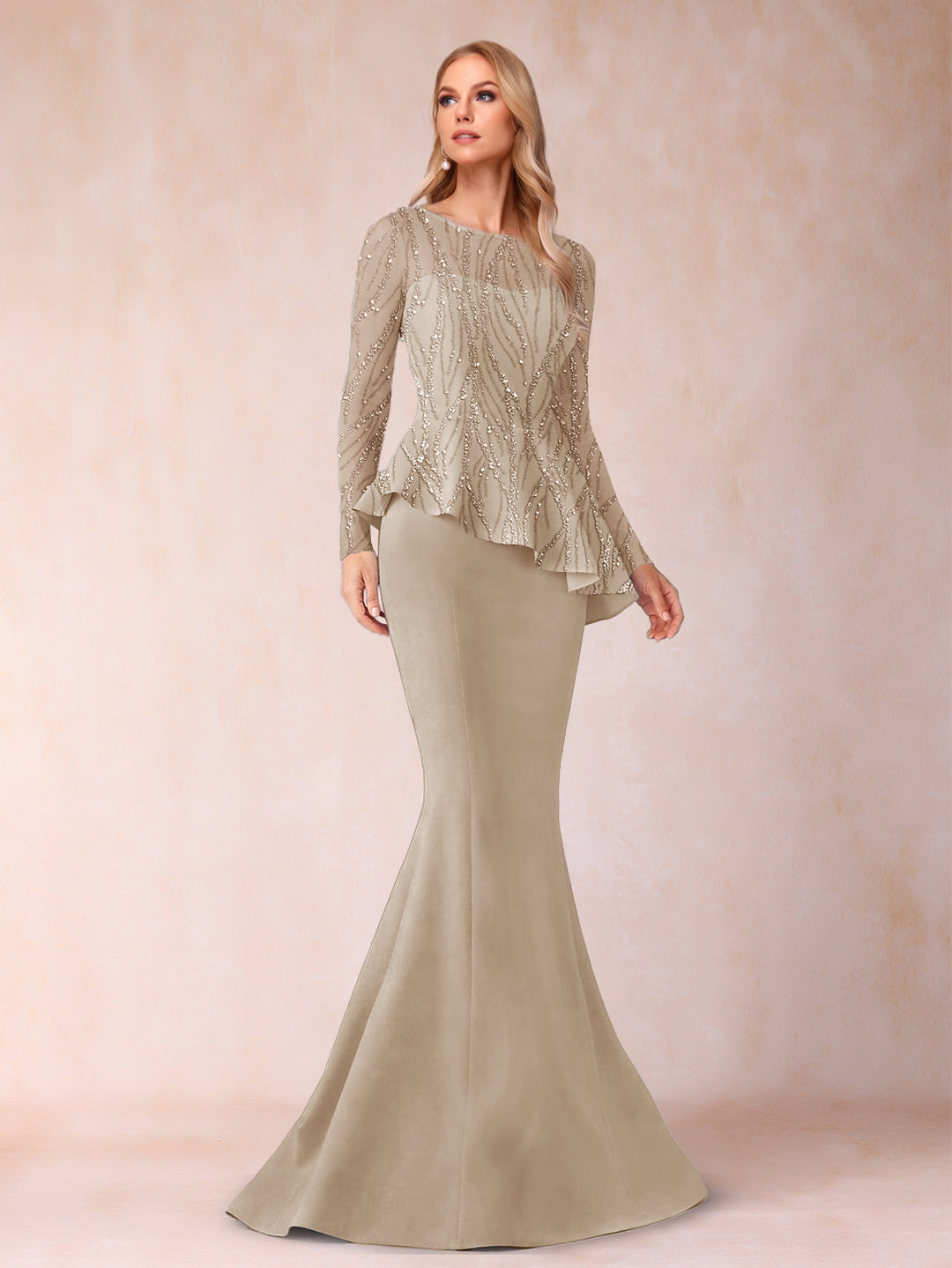 Sheath/Column Scoop Long Sleeves Floor-Length Mother of the Bride Dresses with Rhinestone