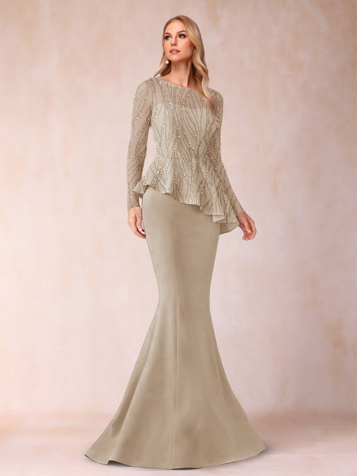 Sheath/Column Scoop Long Sleeves Floor-Length Mother of the Bride Dresses with Rhinestone