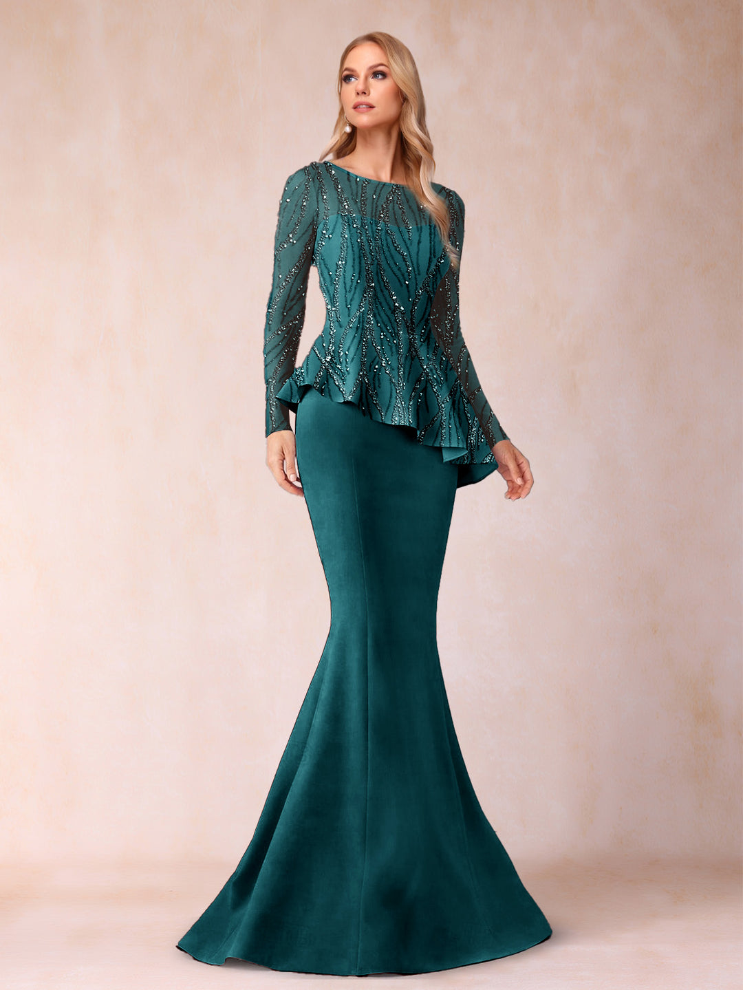 Sheath/Column Scoop Long Sleeves Floor-Length Mother of the Bride Dresses with Rhinestone