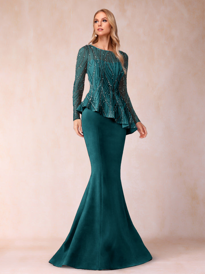 Sheath/Column Scoop Long Sleeves Floor-Length Mother of the Bride Dresses with Rhinestone