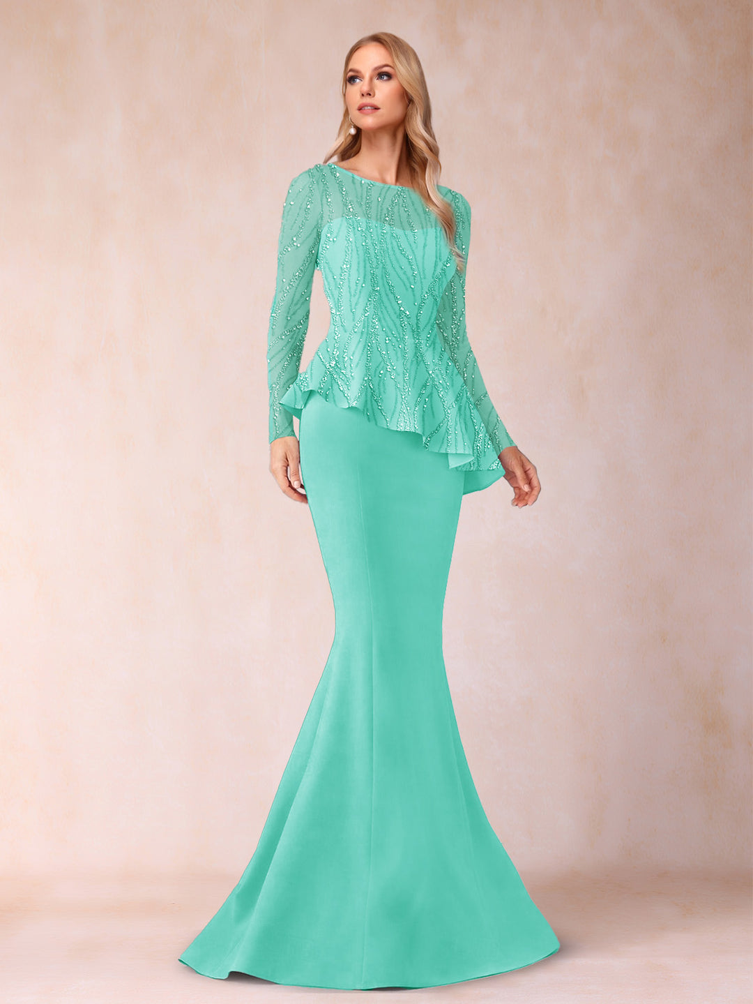 Sheath/Column Scoop Long Sleeves Floor-Length Mother of the Bride Dresses with Rhinestone
