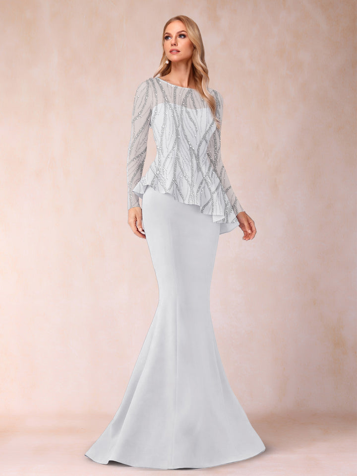 Sheath/Column Scoop Long Sleeves Floor-Length Mother of the Bride Dresses with Rhinestone