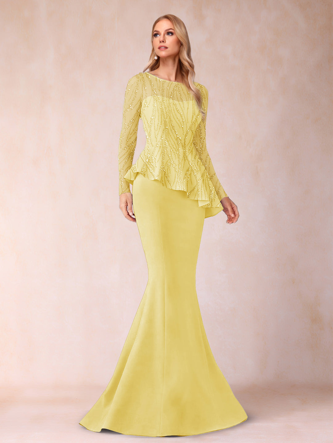 Sheath/Column Scoop Long Sleeves Floor-Length Mother of the Bride Dresses with Rhinestone