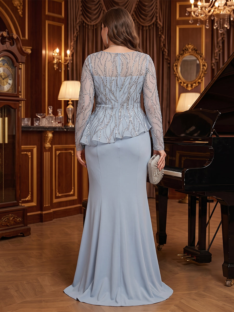 Sheath/Column Scoop Long Sleeves Floor-Length Plus Size Evening Dresses with Rhinestone