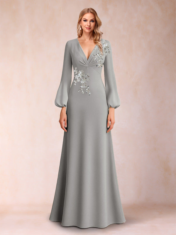 A-Line/Princess V-Neck Long Sleeves Floor-Length Mother of the Bride Dresses with Embroidery