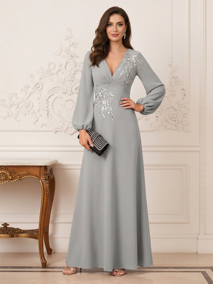 A-Line/Princess V-Neck Long Sleeves Floor-Length Mother of the Bride Dresses with Embroidery