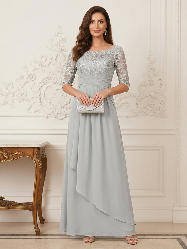 A-Line/Princess Scoop Half Sleeves Floor-Length Mother of the Bride Dresses with Lace &amp; Applique