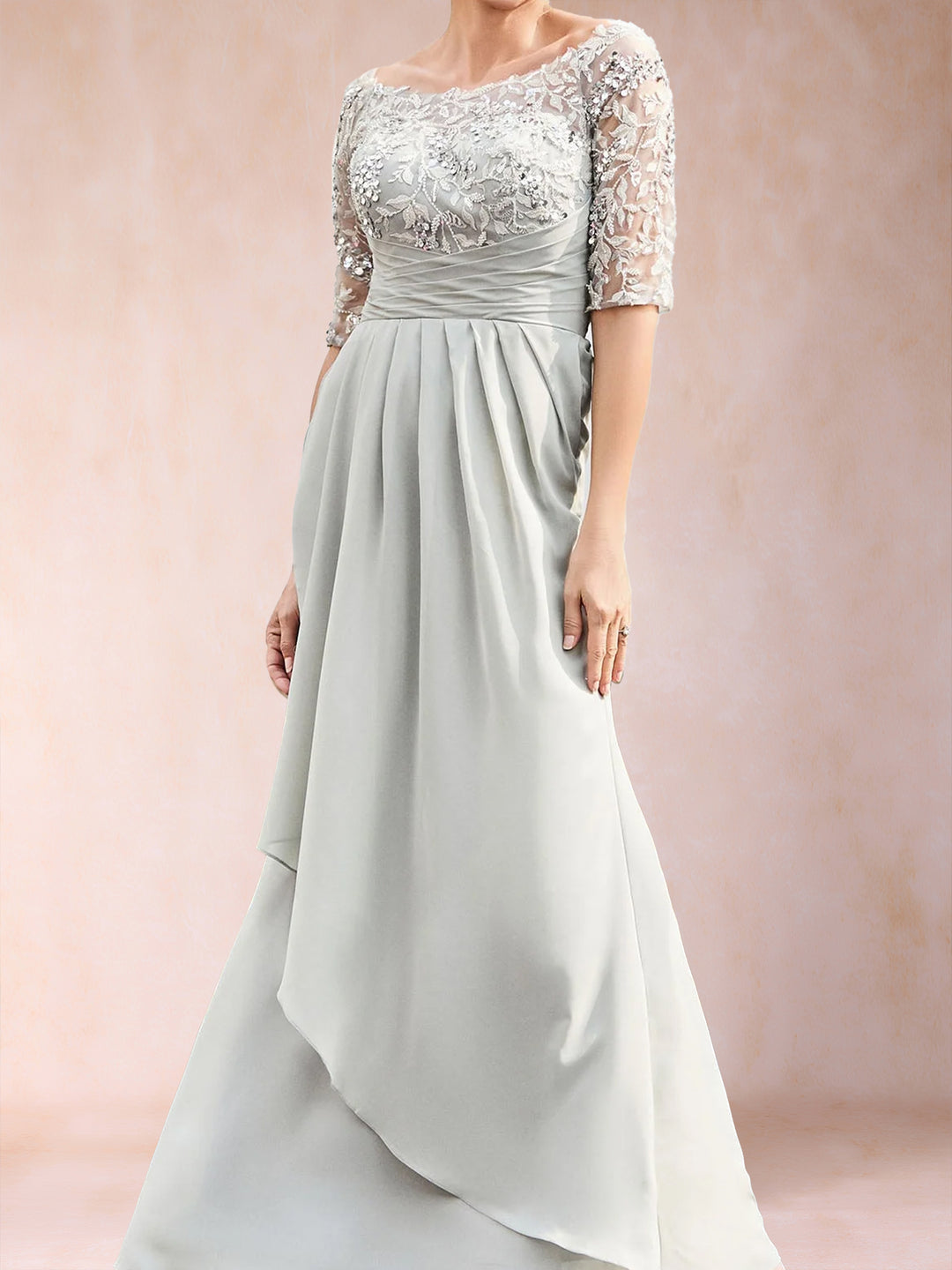 A-Line/Princess Scoop Half Sleeves Floor-Length Mother of the Bride Dresses with Lace &amp; Applique