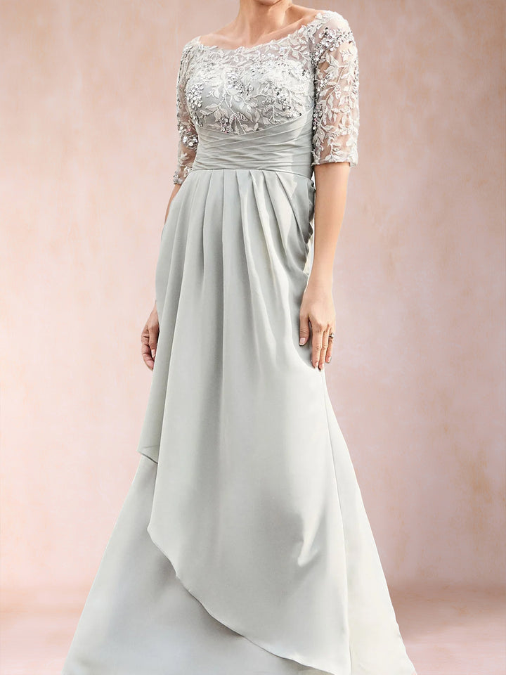 A-Line/Princess Scoop Half Sleeves Floor-Length Mother of the Bride Dresses with Lace &amp; Applique