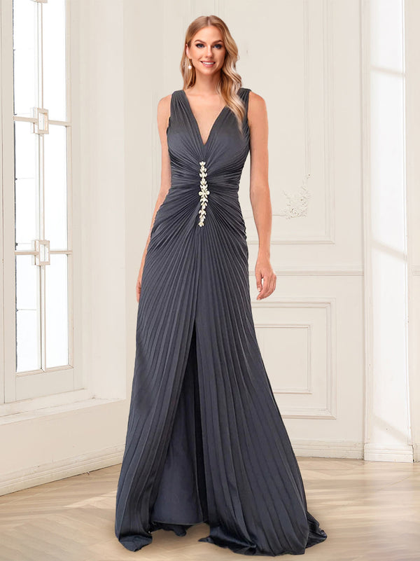 A-Line/Princess V-Neck Sleeveless Floor-Length Mother of the Bride Dresses with Rhinestone & Pleats