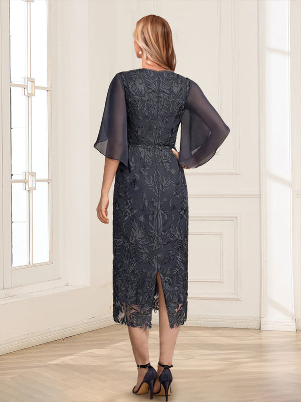 Sheath/Column Scoop Half Sleeves Tea-Length Mother of the Bride Dresses with Lace & Applique