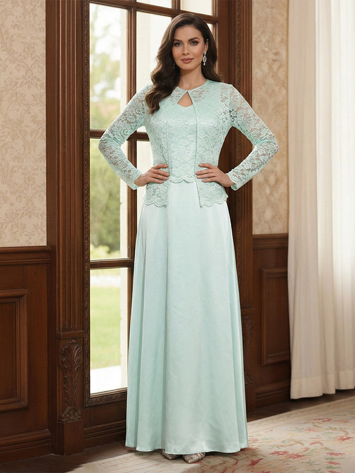 A-Line/Princess V-Neck Long Sleeves Floor-Length Mother of the Bride Dresses with Lace &amp; Jacket