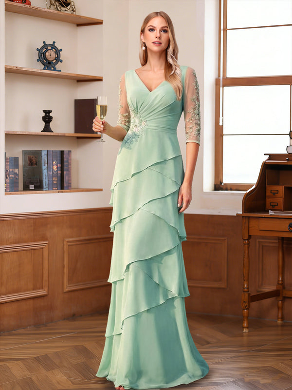 Sheath/Column V-Neck Half Sleeves Floor-Length Mother of the Bride Dresses with Lace & Applique