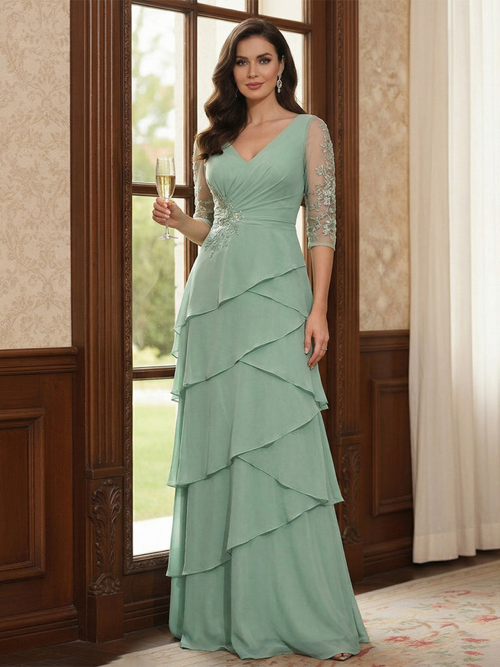 Sheath/Column V-Neck Half Sleeves Floor-Length Mother of the Bride Dresses with Lace &amp; Applique