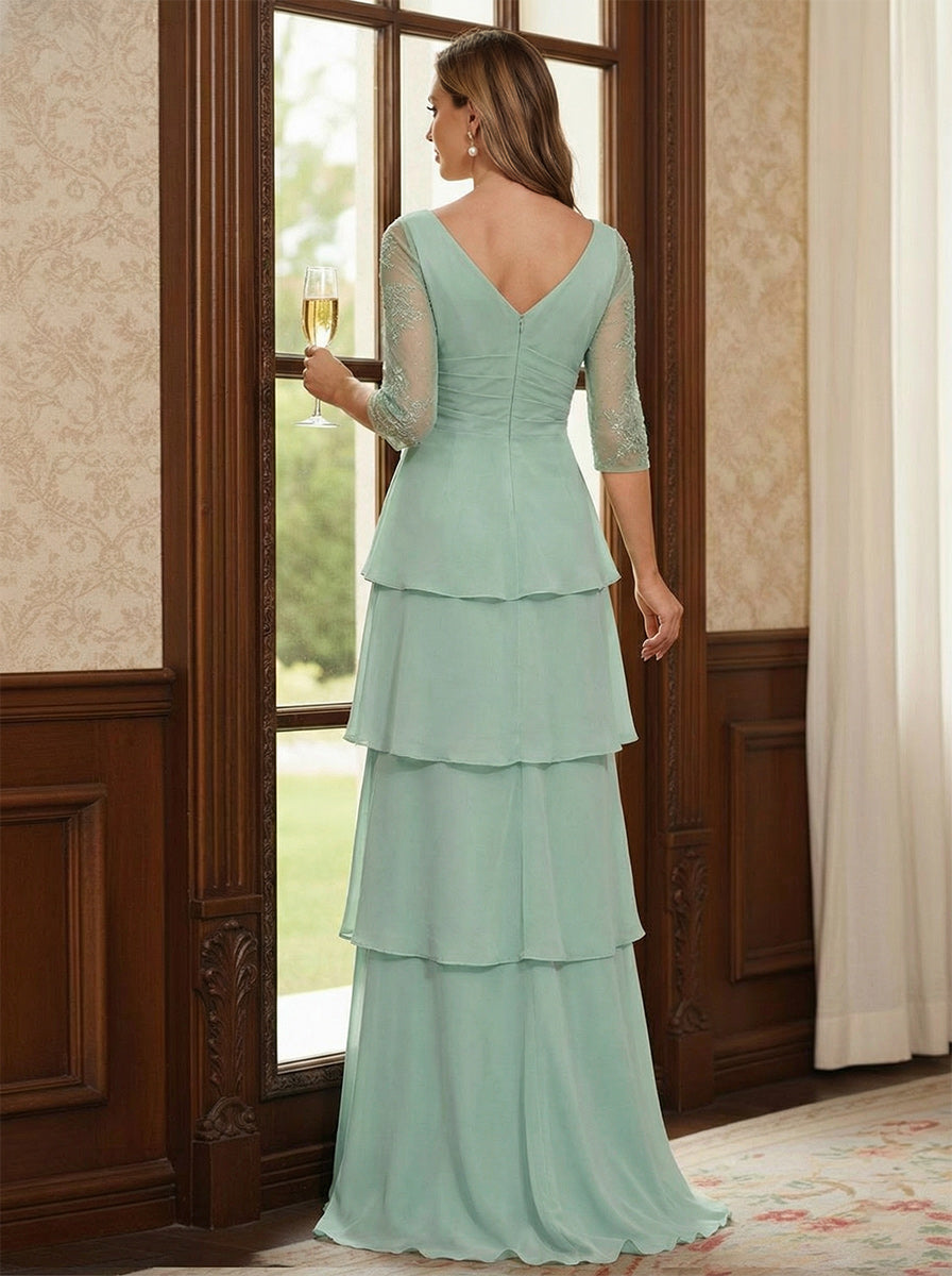 Sheath/Column V-Neck Half Sleeves Floor-Length Mother of the Bride Dresses with Lace &amp; Applique