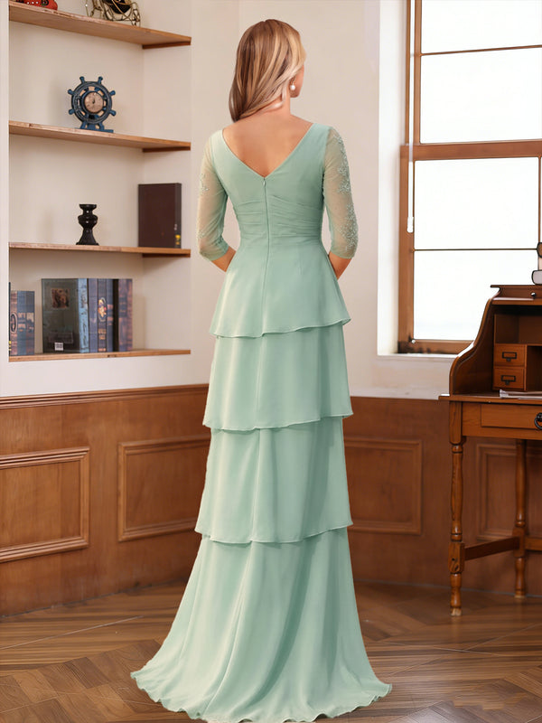 Sheath/Column V-Neck Half Sleeves Floor-Length Mother of the Bride Dresses with Lace & Applique