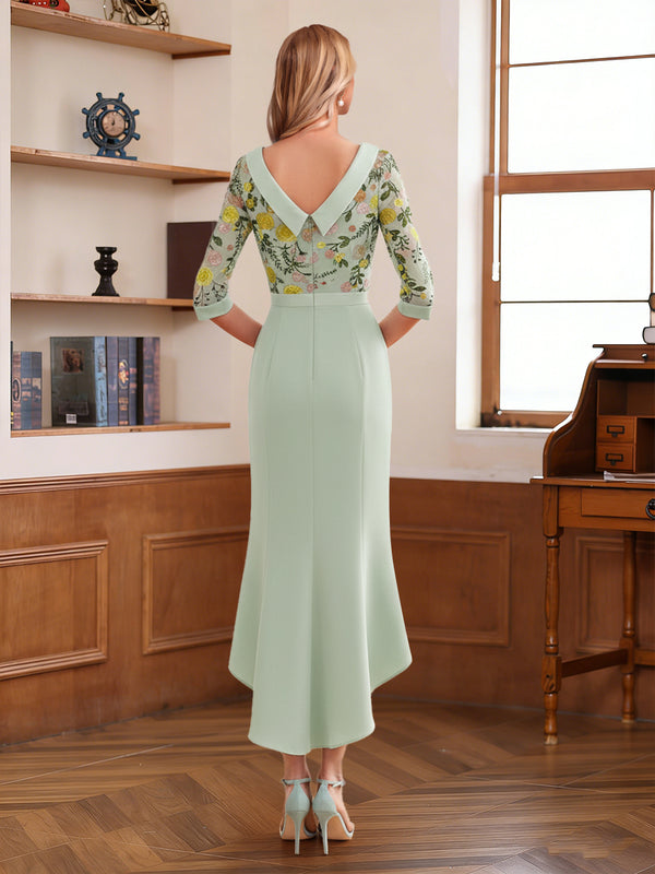 Sheath/Column Scoop Half Sleeves Tea-Length Mother of the Bride Dresses with Floral Appliques