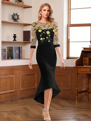 Sheath/Column Scoop Half Sleeves Tea-Length Mother of the Bride Dresses with Floral Appliques