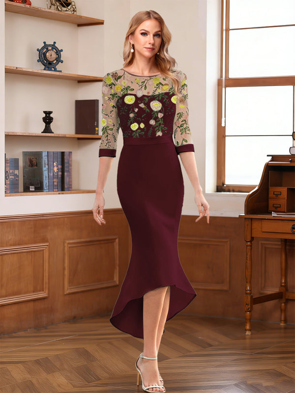 Sheath/Column Scoop Half Sleeves Tea-Length Mother of the Bride Dresses with Floral Appliques