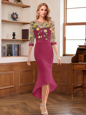 Sheath/Column Scoop Half Sleeves Tea-Length Mother of the Bride Dresses with Floral Appliques