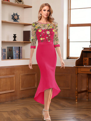 Sheath/Column Scoop Half Sleeves Tea-Length Mother of the Bride Dresses with Floral Appliques