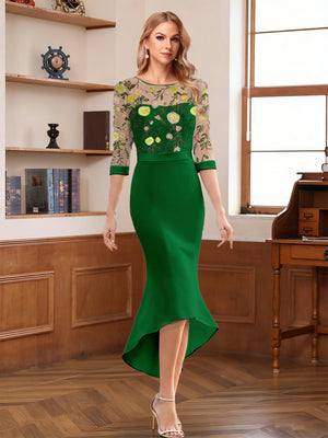 Sheath/Column Scoop Half Sleeves Tea-Length Mother of the Bride Dresses with Floral Appliques