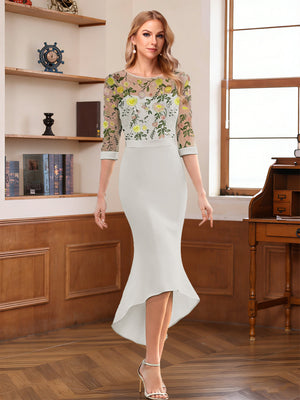 Sheath/Column Scoop Half Sleeves Tea-Length Mother of the Bride Dresses with Floral Appliques