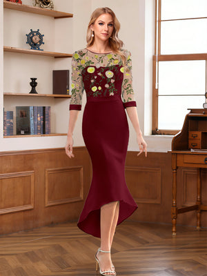 Sheath/Column Scoop Half Sleeves Tea-Length Mother of the Bride Dresses with Floral Appliques