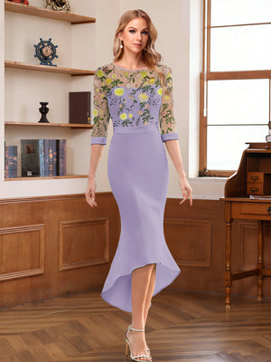 Sheath/Column Scoop Half Sleeves Tea-Length Mother of the Bride Dresses with Floral Appliques