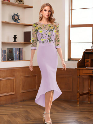 Sheath/Column Scoop Half Sleeves Tea-Length Mother of the Bride Dresses with Floral Appliques