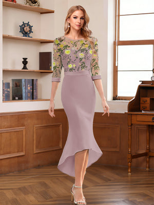 Sheath/Column Scoop Half Sleeves Tea-Length Mother of the Bride Dresses with Floral Appliques