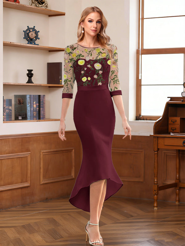 Sheath/Column Scoop Half Sleeves Tea-Length Mother of the Bride Dresses with Floral Appliques