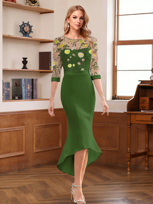 Sheath/Column Scoop Half Sleeves Tea-Length Mother of the Bride Dresses with Floral Appliques