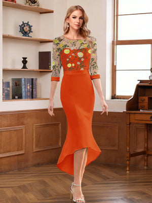 Sheath/Column Scoop Half Sleeves Tea-Length Mother of the Bride Dresses with Floral Appliques