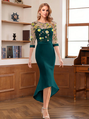 Sheath/Column Scoop Half Sleeves Tea-Length Mother of the Bride Dresses with Floral Appliques