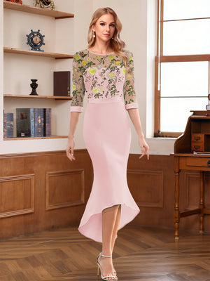 Sheath/Column Scoop Half Sleeves Tea-Length Mother of the Bride Dresses with Floral Appliques