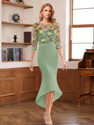 Sheath/Column Scoop Half Sleeves Tea-Length Mother of the Bride Dresses with Floral Appliques