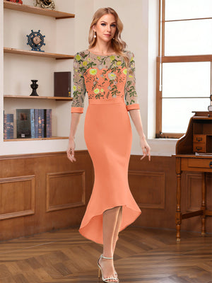 Sheath/Column Scoop Half Sleeves Tea-Length Mother of the Bride Dresses with Floral Appliques