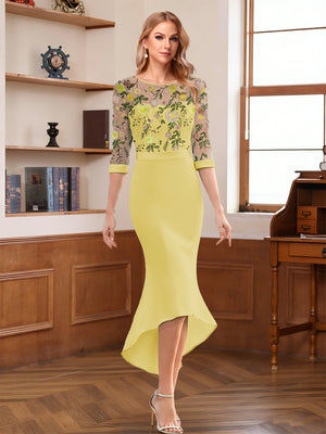Sheath/Column Scoop Half Sleeves Tea-Length Mother of the Bride Dresses with Floral Appliques