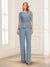 Illusion Scoop Appliques Ruched 2 Pieces Pantsuits with Cape
